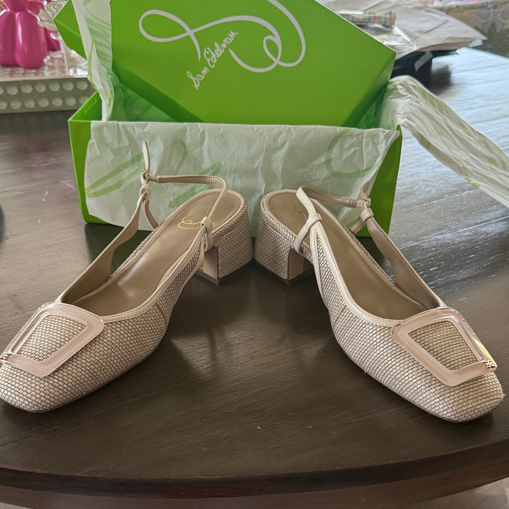 Sam Edelman Beige Woven Slingback Heels - Picture 3 of 8